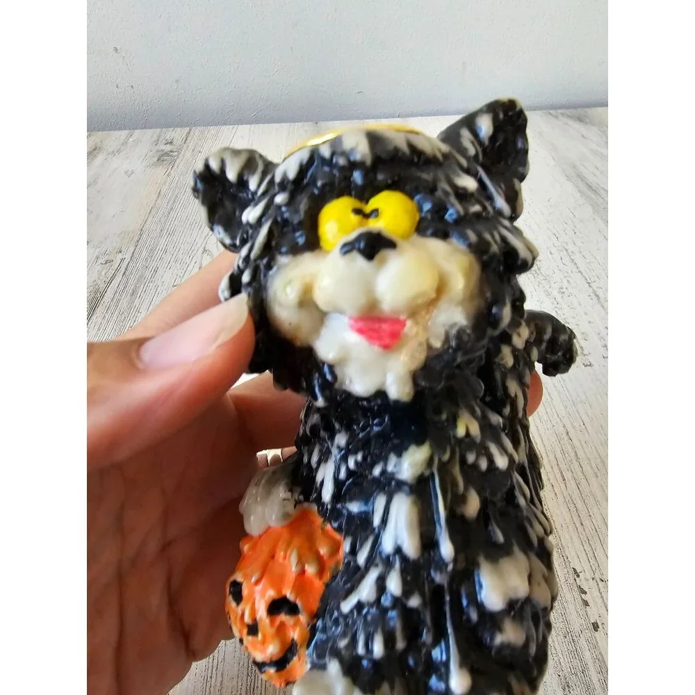 Vintage melted candle cat holder stick pumpkin jack-o'-lantern‎